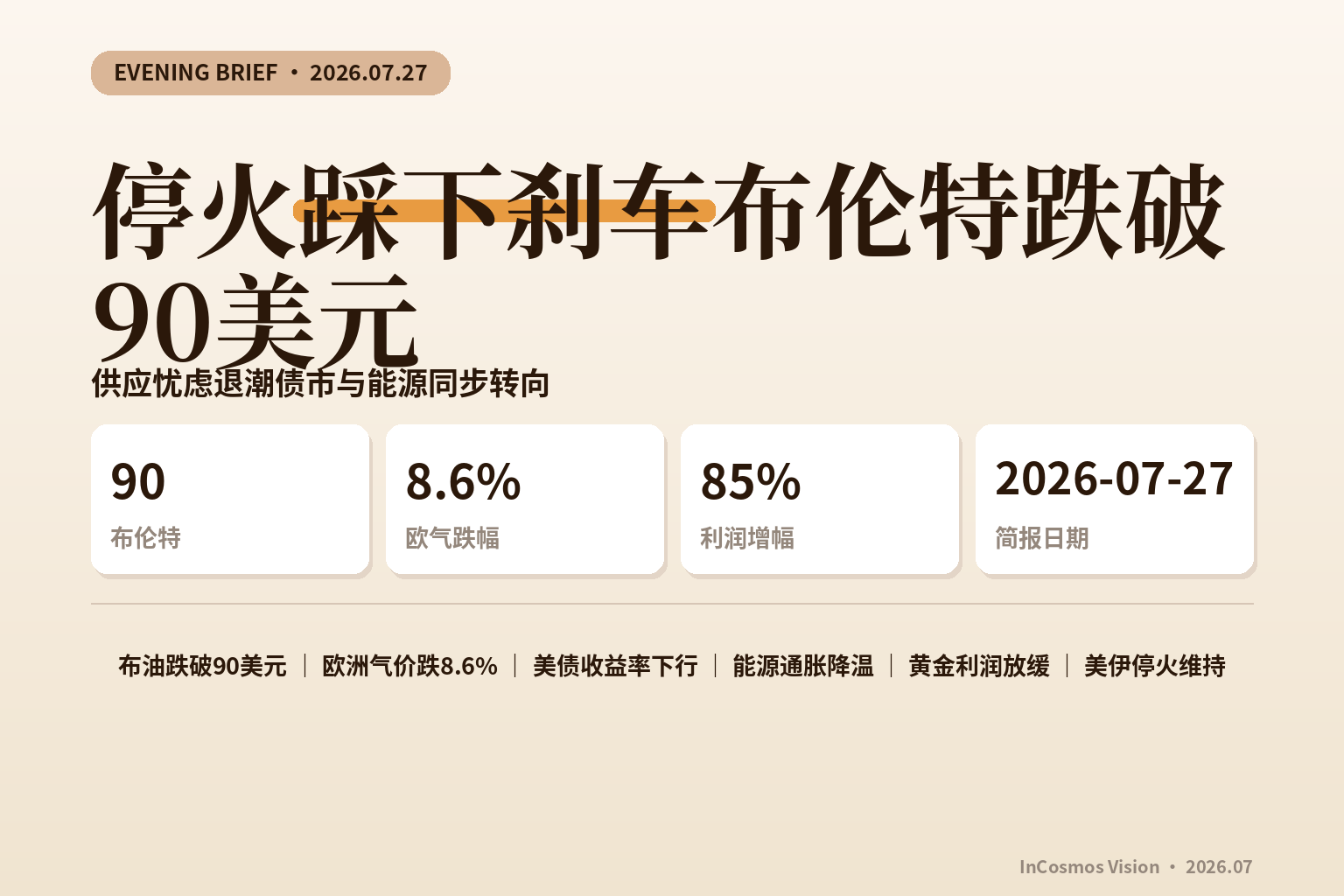 晚间速读：停火踩下刹车布伦特跌破90美元