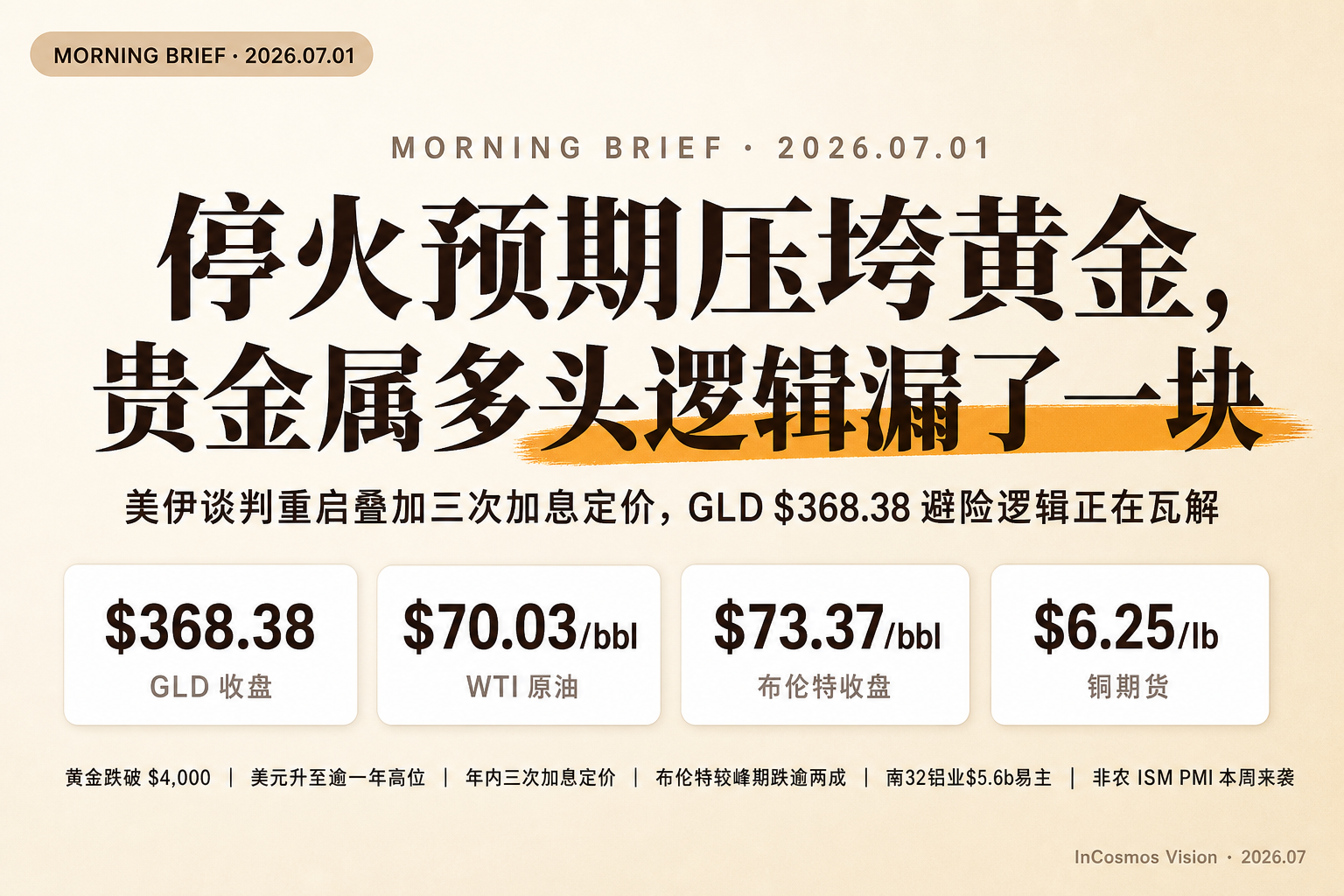 资讯早报：停火预期压垮黄金，贵金属多头逻辑漏了一块
